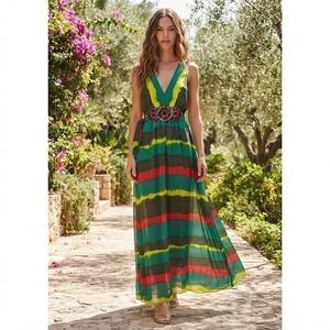 ECI New York Women Green Red Yellow Striped Beaded Waist Maxi Dress Size 4 Y2K
